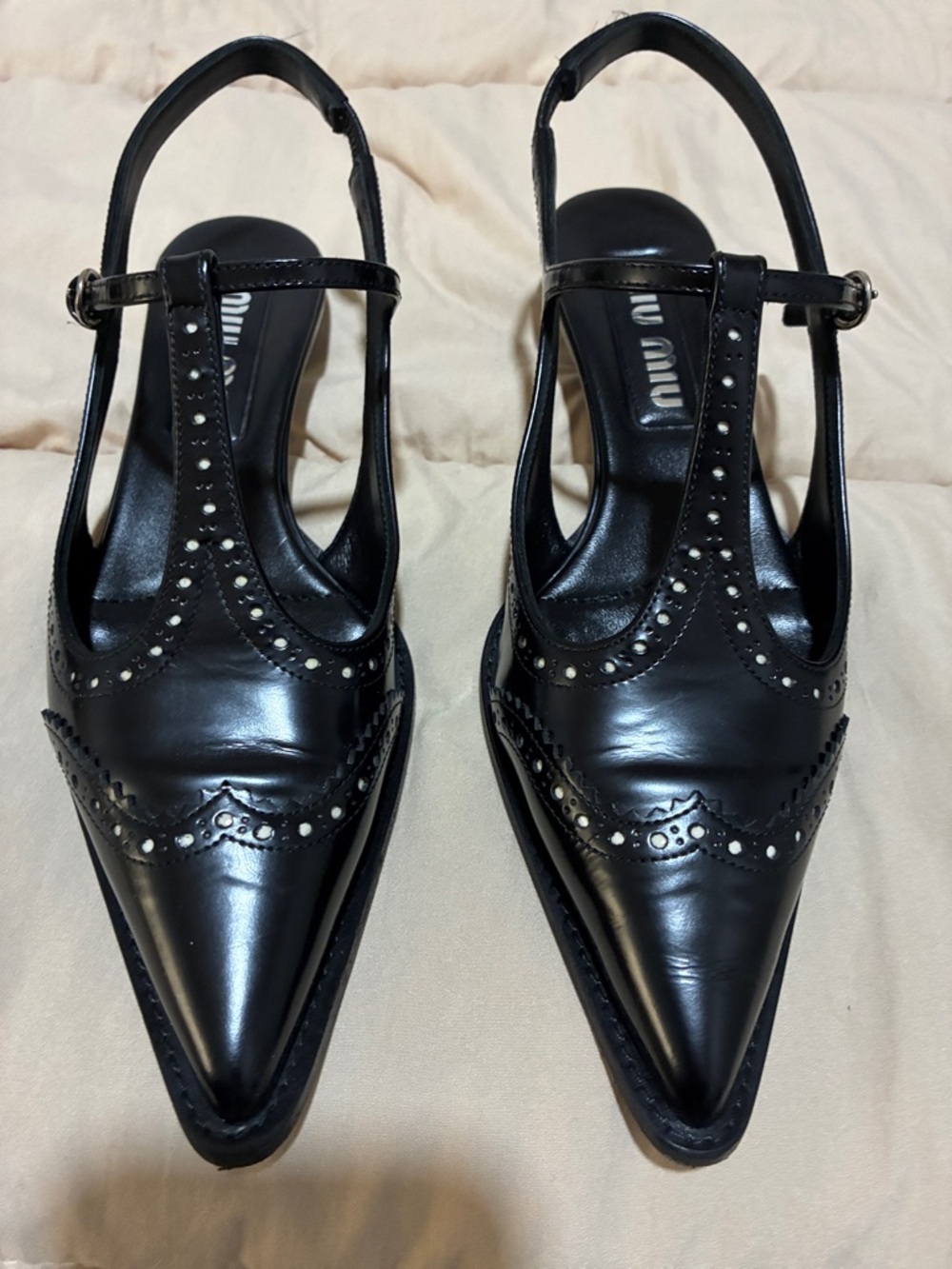 Miu Miu Black Pointed Leather T-Strap Slingback kitten heals. Wing tip Mary Jane